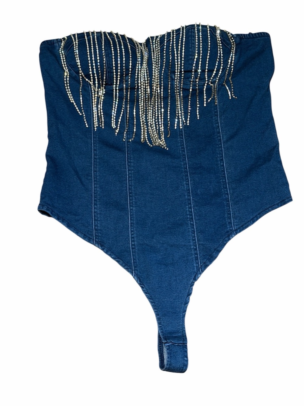 Blashe Denim Blue Rhinestone Fringe Strapless Bodysuit